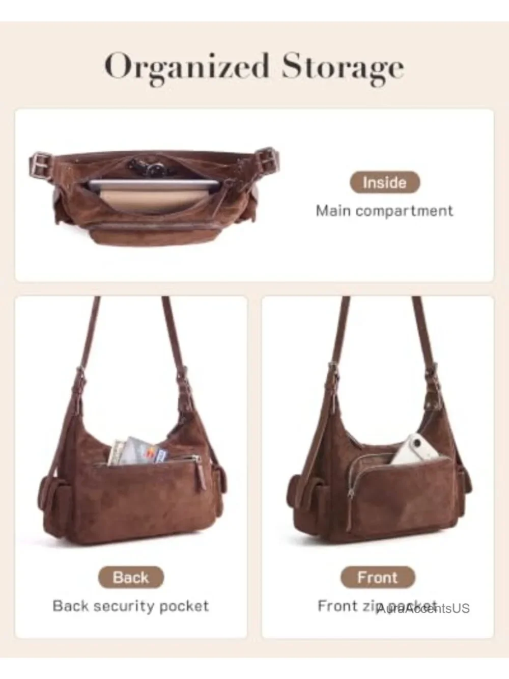 Faux Suede Hobo Bag for Women Travel Purse Shoulder Handbag